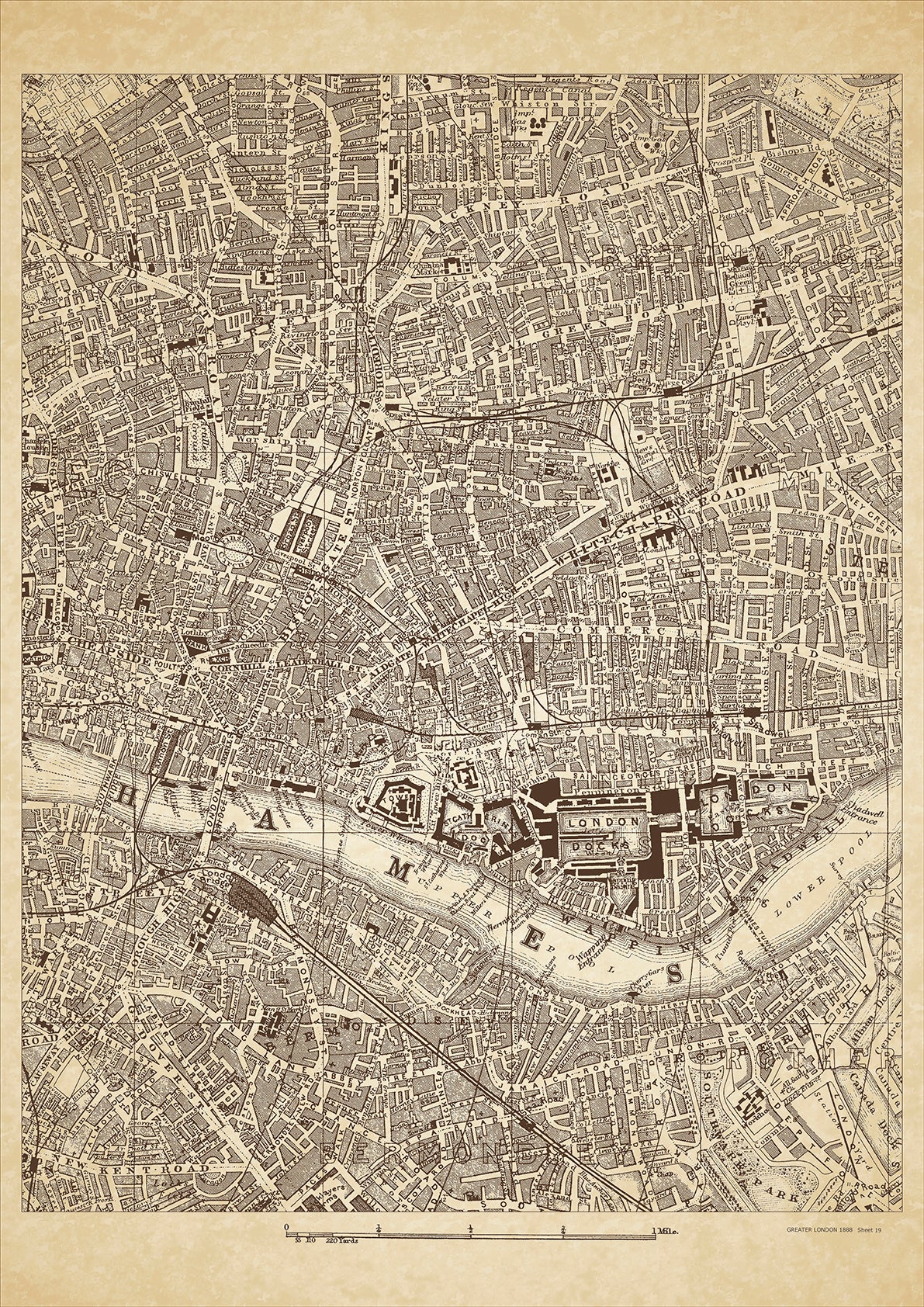 Greater London in 1888 Series - showing City, Whitechapel, Bethnal Green, Bermondsey, Rotherhithe, Cheapside, Shoreditch, Wapping, Shadwell - sheet 19