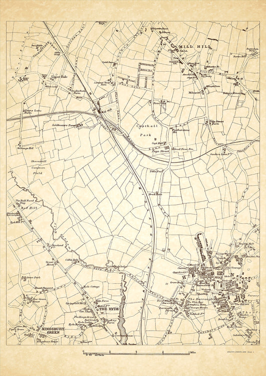 Greater London in 1888 Series - showing Mill Hill, Hendon The Hyde, Kingsbury Green, Page Street, Upper Hill - sheet 1