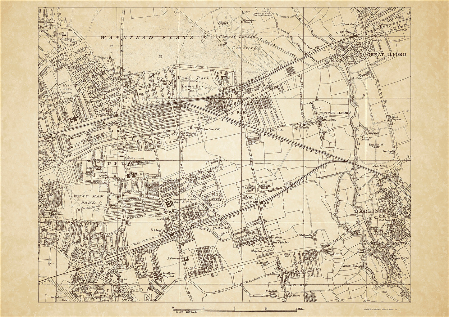 Greater London in 1888 Series - showing Barking, Ilford, Forest Gate, Upton, East Ham, Plaistow (north), West Ham Park - sheet 21