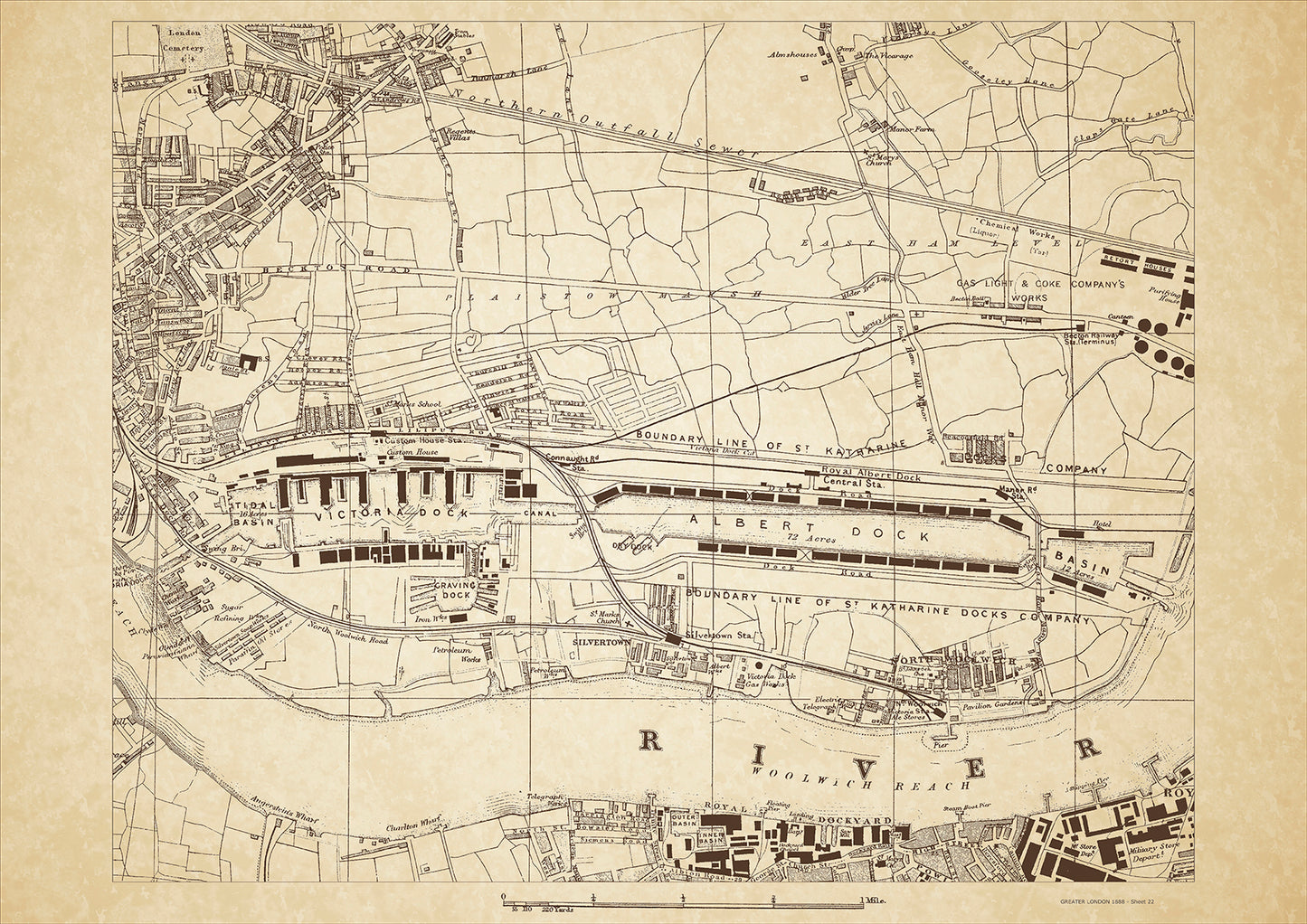 Greater London in 1888 Series - showing Silvertown, Victoria & Albert Docks, North Woolwich, Woolwich Royal Dockyard, Custom House, St Katharine Docks - sheet 22