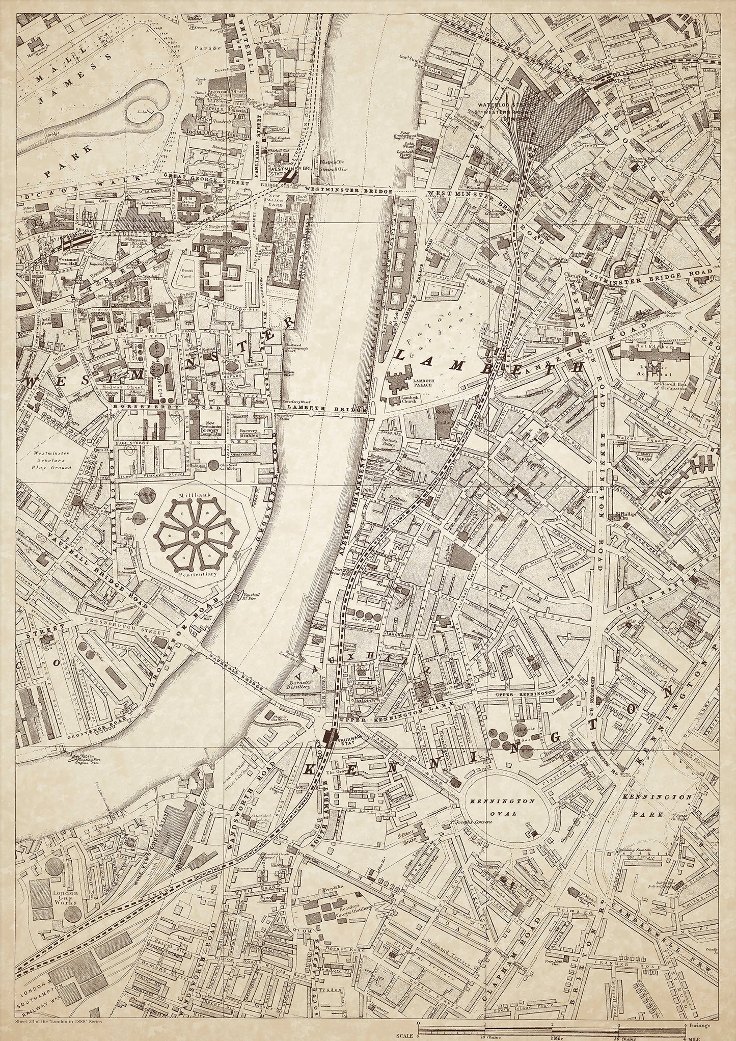 London in 1888 Series - showing Westminster, Lambeth, Kennington, Vauxhall - sheet 23