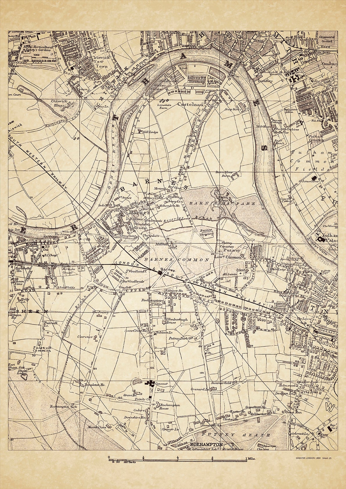 Greater London in 1888 Series - showing Barnes, Putney (W), Chiswick, Castelnau - sheet 25