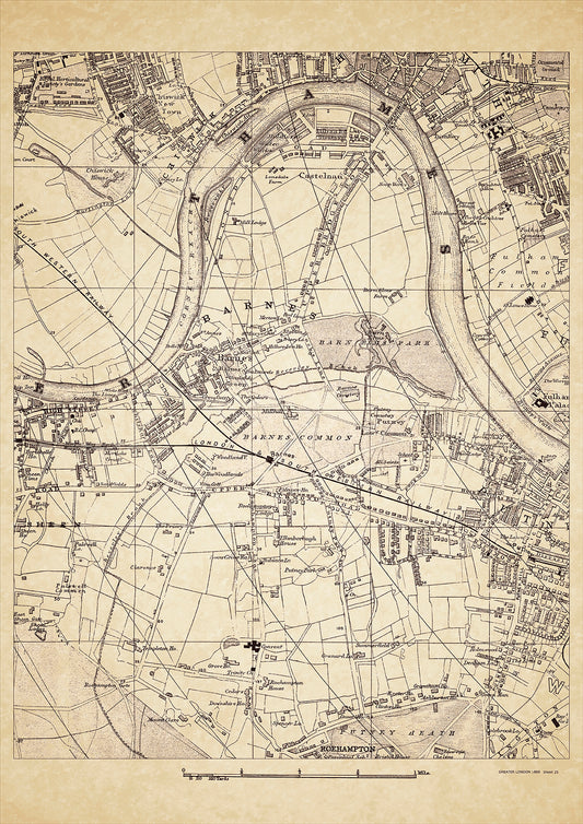 Greater London in 1888 Series - showing Barnes, Putney (W), Chiswick, Castelnau - sheet 25