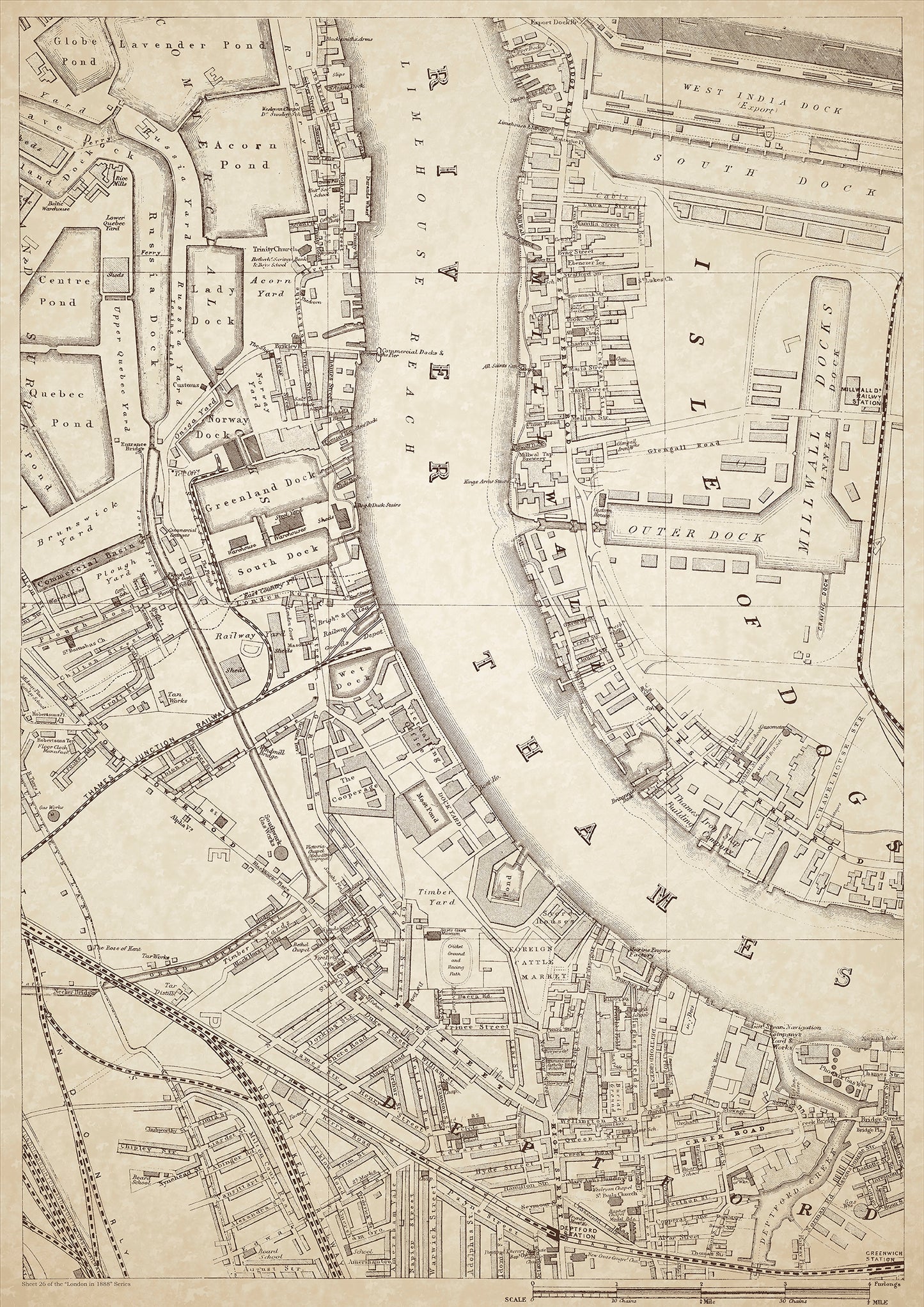 London in 1888 Series - showing Deptford, Surrey Docks, Millwall Docks, West India Dock (Export) and South Dock, The Cooperage - sheet 26