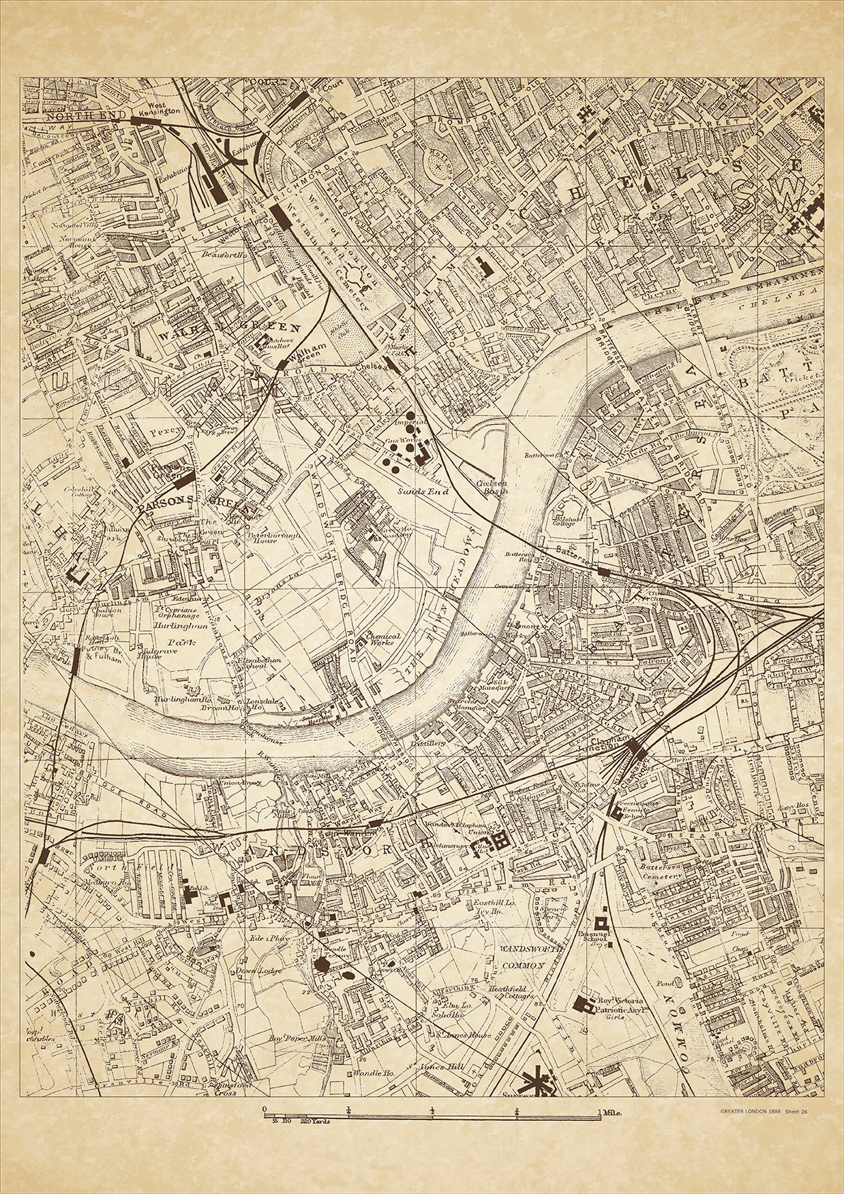 Greater London in 1888 Series - showing Wandsworth, Battersea (west), Chelsea (west), Parsons Green, Walham Green - sheet 26