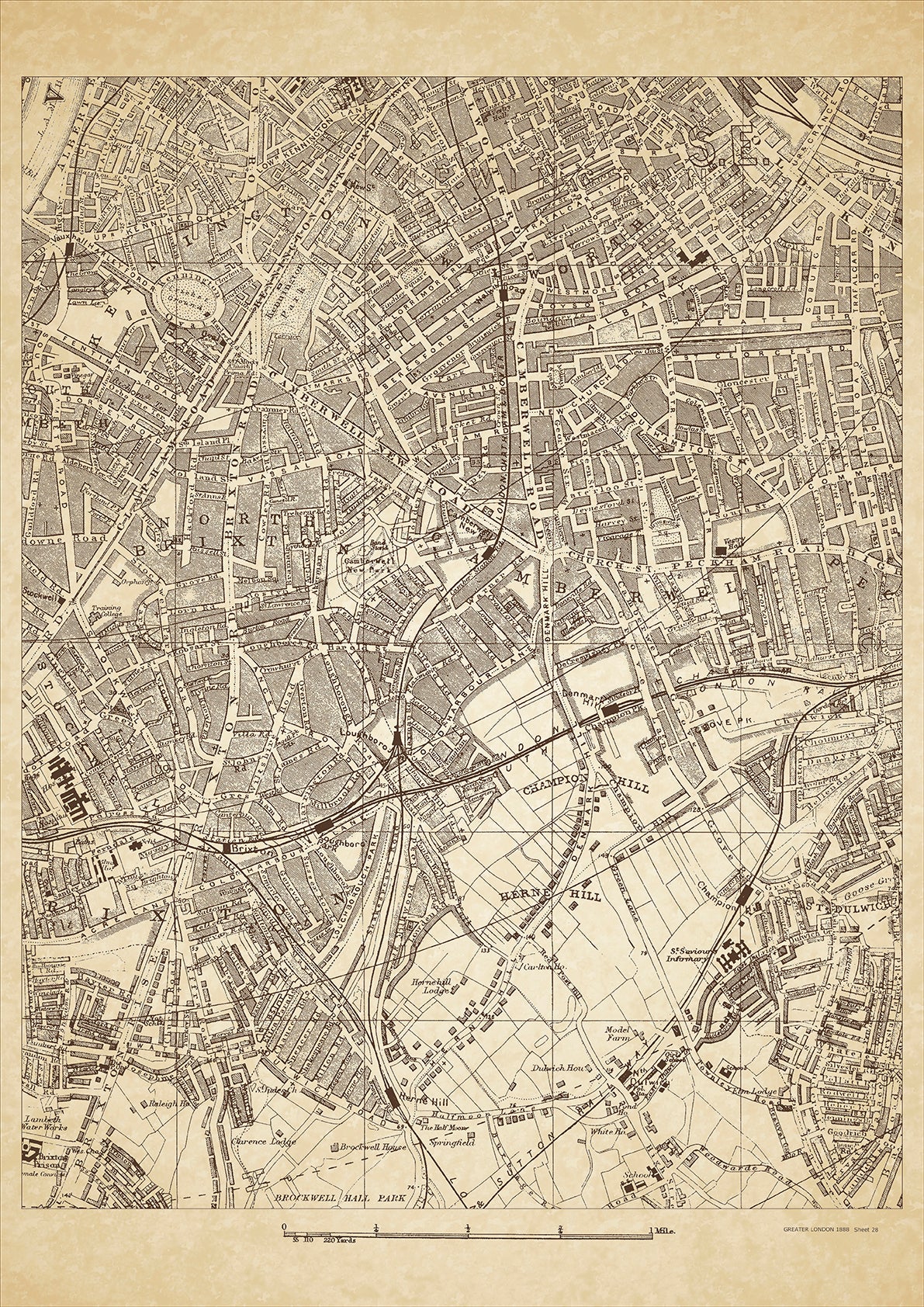 Greater London in 1888 Series - showing Camberwell, Brixton, Walworth, Kennington, North Brixton, Champion Hill, Herne Hill, East Dulwich (west) - sheet 28