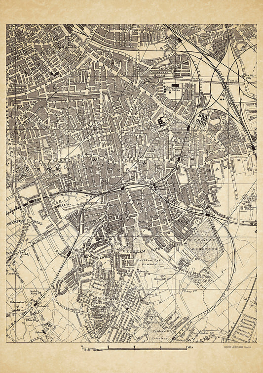 Greater London in 1888 Series - showing Old Kent Road, Peckham, Camberwell (east), Peckham Rye, East Dulwich, Nunhead, Hatcham - sheet 29