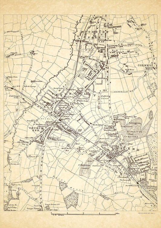 Greater London in 1888 Series - showing Finchley, Woodside Park, Colney Hatch (west), East End, Church End - sheet 2
