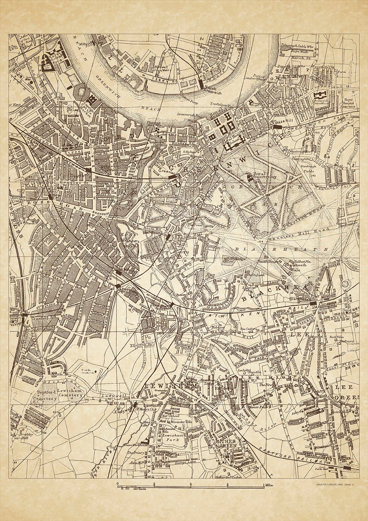 Greater London in 1888 Series - showing Greenwich, Deptford, Lewisham, Blackheath, Hither Green, Lee, Lee Green - sheet 30
