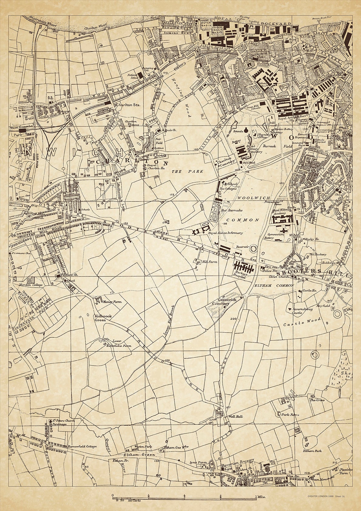 Greater London in 1888 Series - showing Woolwich (west), Charlton, Shooters Hill - sheet 31