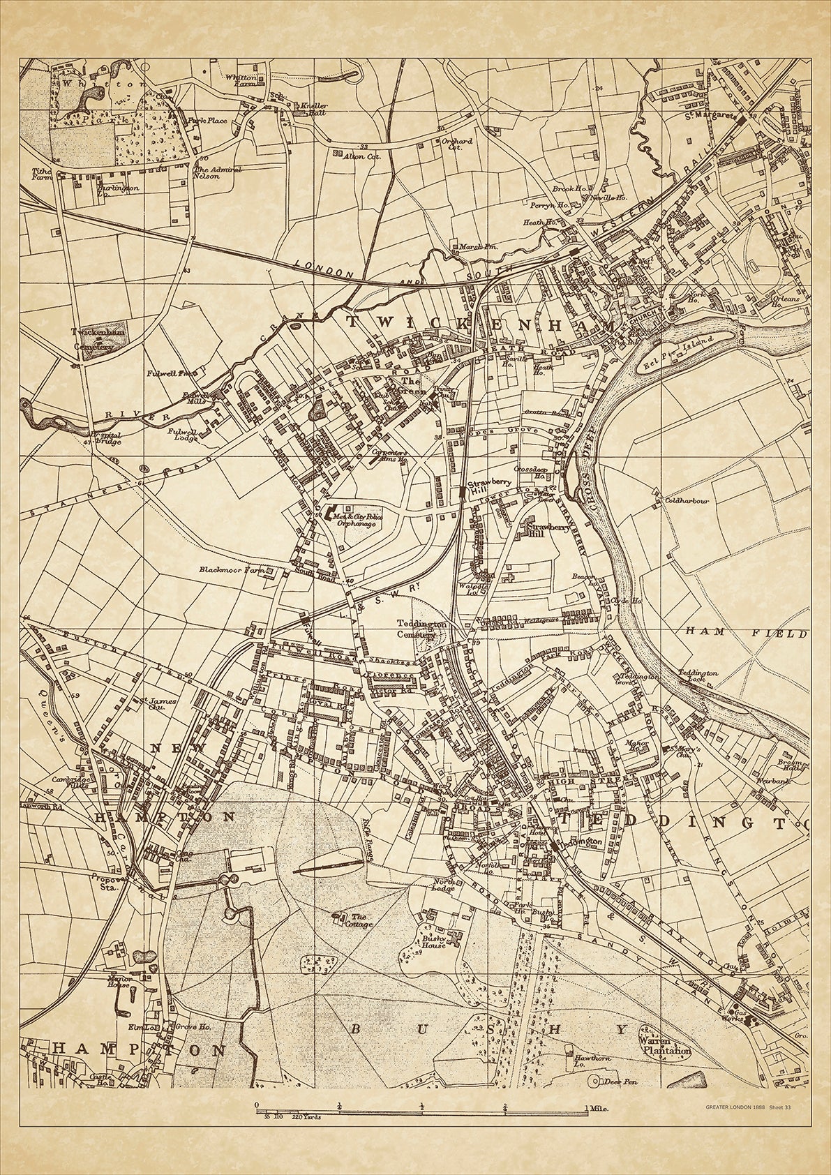 Greater London in 1888 Series - showing Twickenham Teddington New Hampton, Strawberry Hill - sheet 33