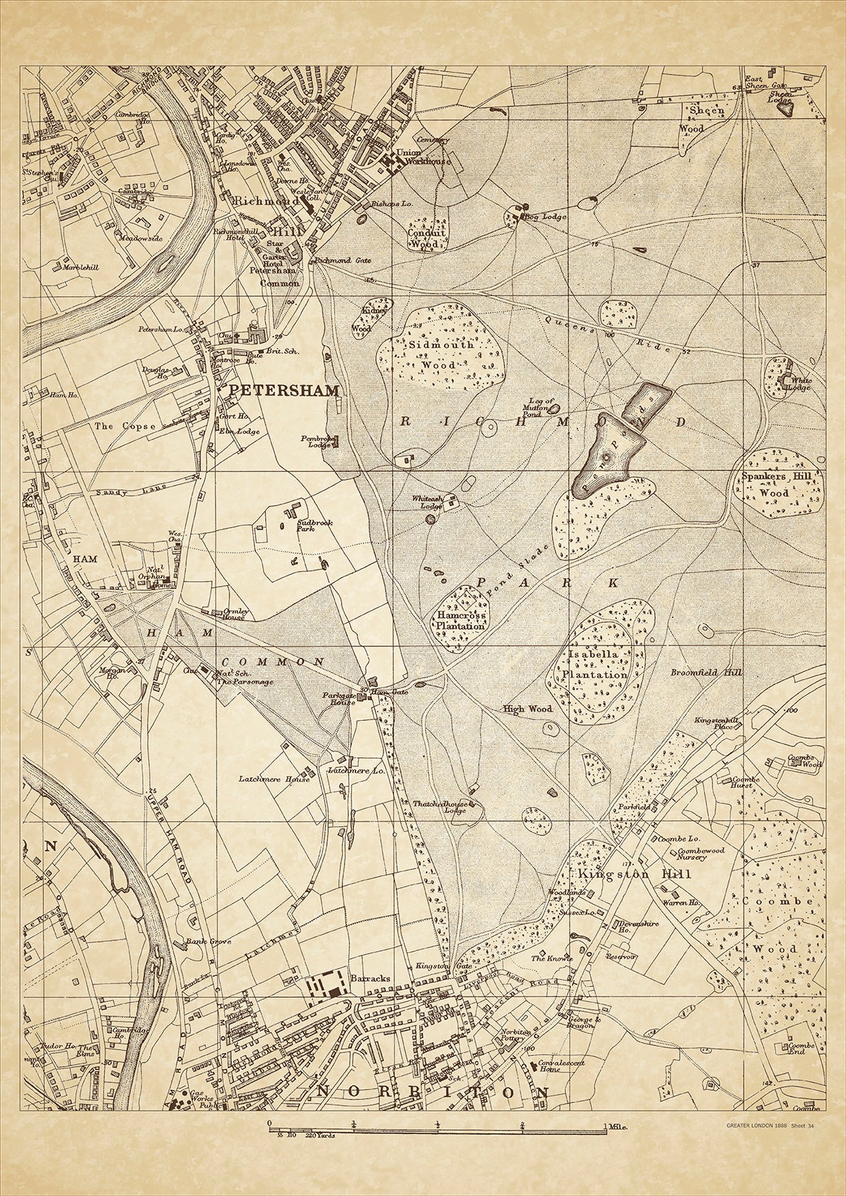 Greater London in 1888 Series - showing Petersham, Norbiton (north), Richmond Park, Richmond Hill, Kingston Hill - sheet 34