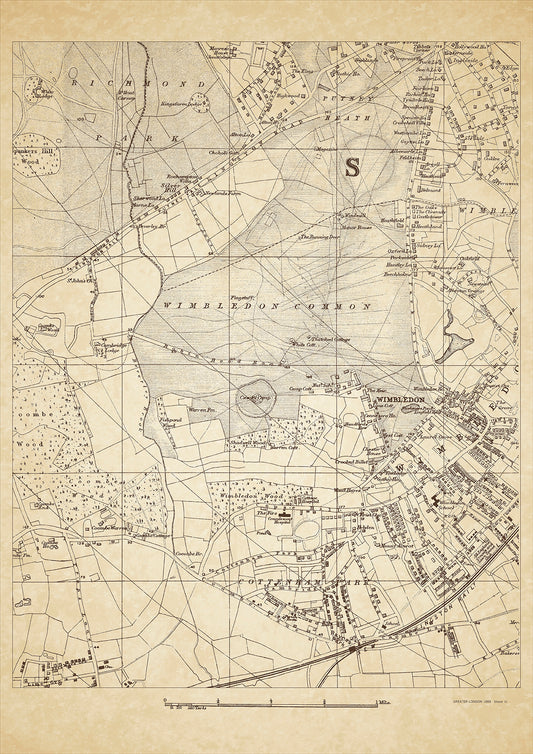 Greater London in 1888 Series - showing Wimbledon (west), Cottenham Park, Wimbledon Common, Putney Heath - sheet 35
