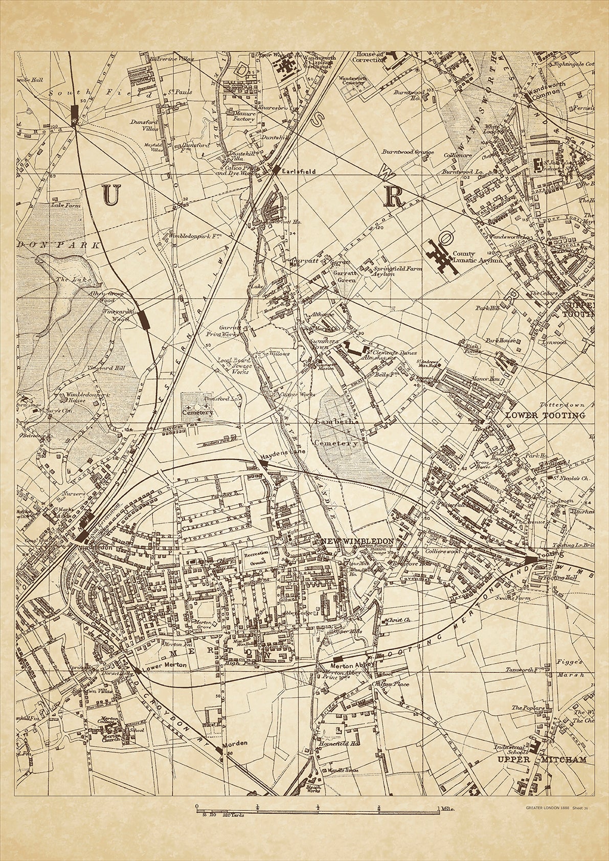 Greater London in 1888 Series - showing Wimbledon (east), Merton, Tooting (west), Summers Town, Wandsworth Common, Upper Mitcham - sheet 36