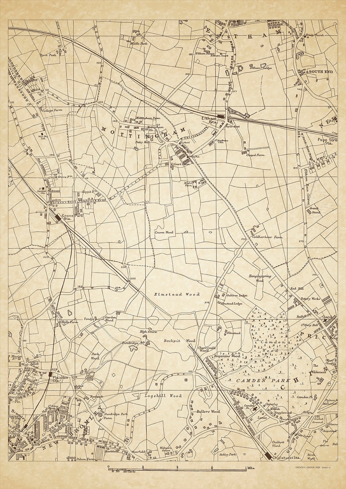 Greater London in 1888 Series - showing Mottingham, Bromley (northeast), New Bromley, Camden Park, Chislehurst (west), Eltham (south) - sheet 41