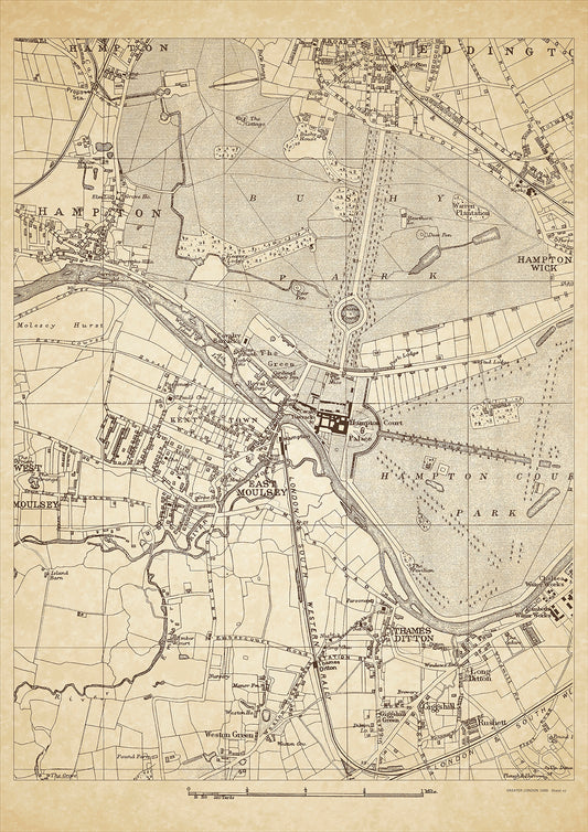 Greater London in 1888 Series - showing East Moulsey, Hampton Court, West Moulsey (east), Bushy Park, Hampton, Teddington (south), Hampton Wick west), Thames Ditton, Long Ditton - sheet 43