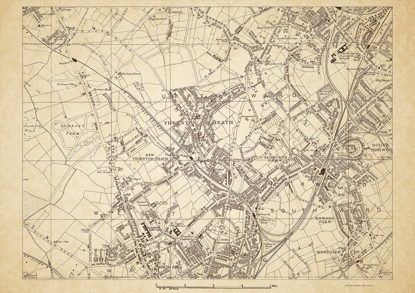 Greater London in 1888 Series - showing Thornton Heath, Selhurst Park, Croydon (north), South Norwood (west), Penge (southwest), Norbury Park, Woodside - sheet 45