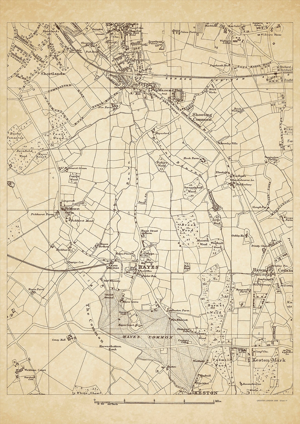 Greater London in 1888 Series - showing Beckenham (south), Hayes, Shooting Common, Masons Hill, Keston (north), Keston Mark, Bromley Common (west) - sheet 47