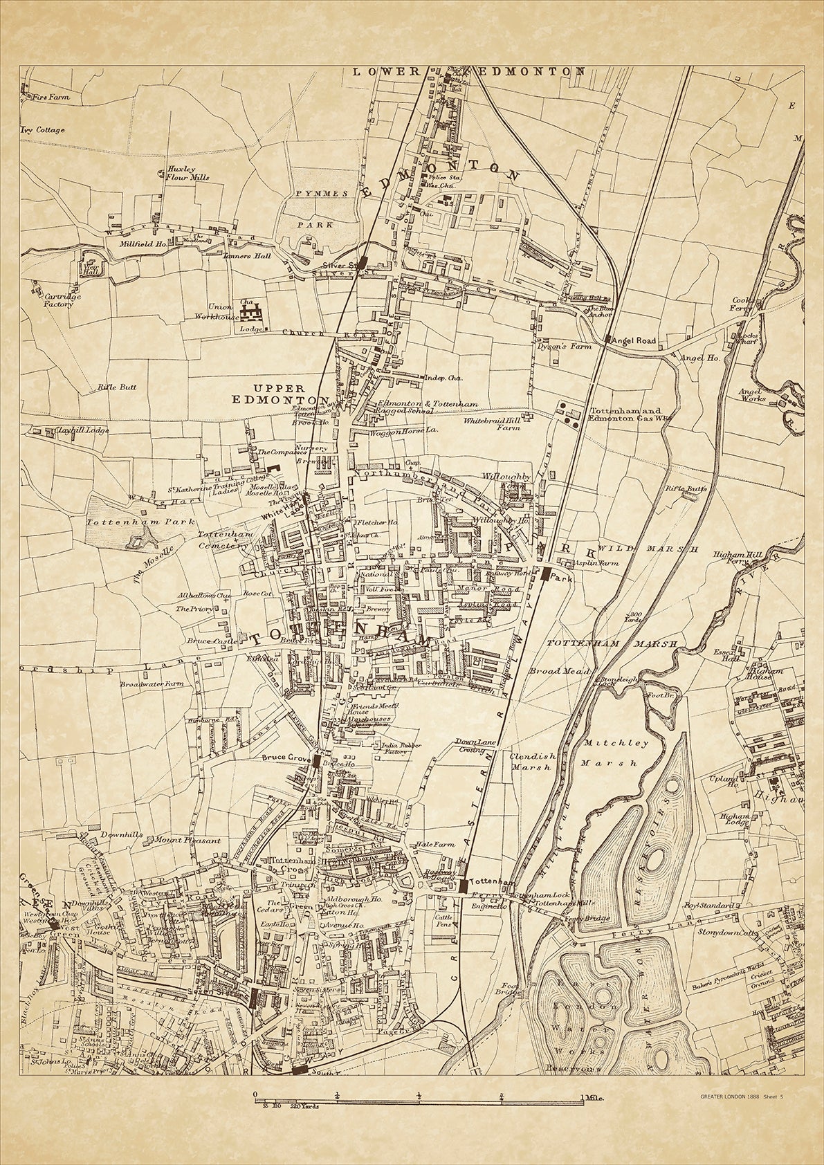 Greater London in 1888 Series - showing Tottenham, Edmonton, Lower Edmonton (south), Upper Edmonton - sheet 5