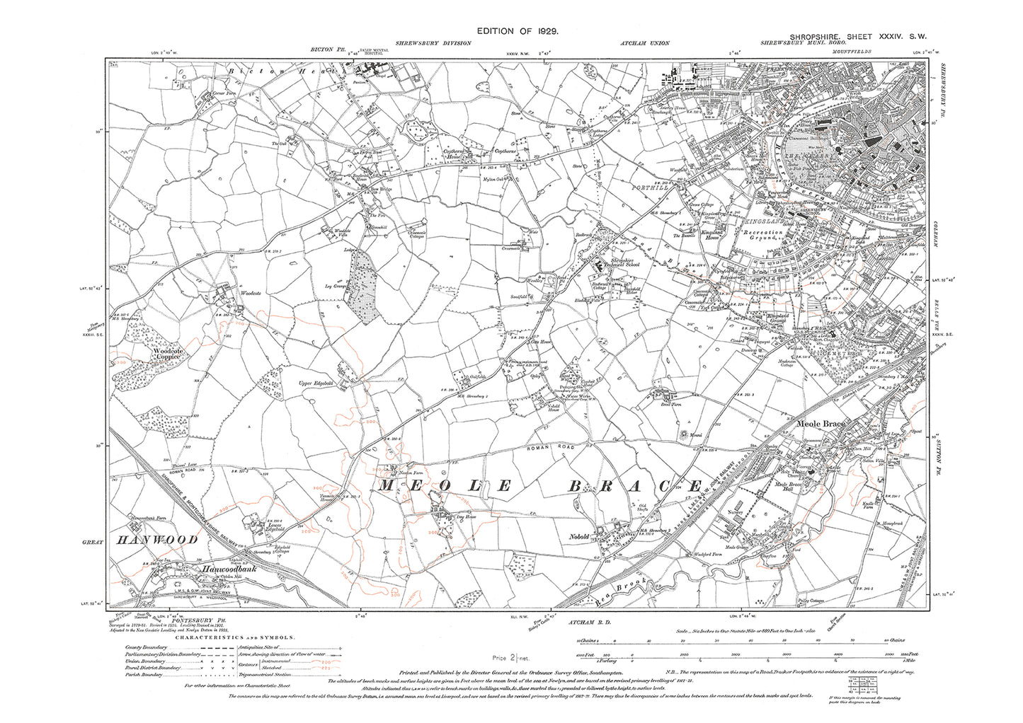 Shrewsbury (southwest), Meole Brace, Hanwoodbank, Shropshire in 1929: 34SW