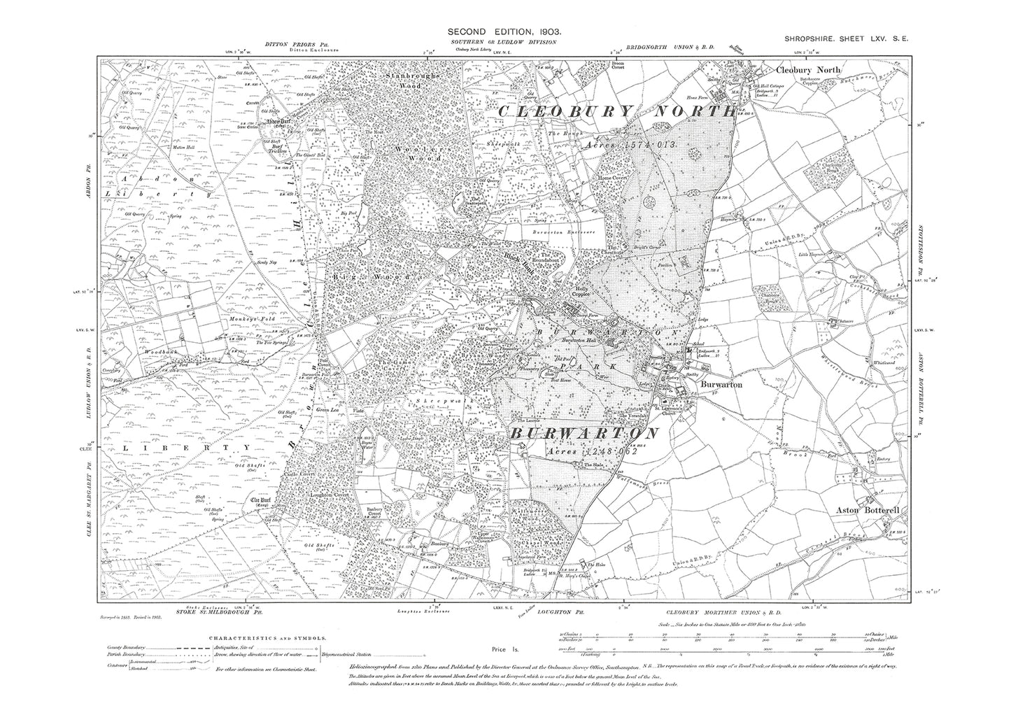 Burwarton, Cleobury North, Aston, Botterell, Shropshire in 1903: 65SE