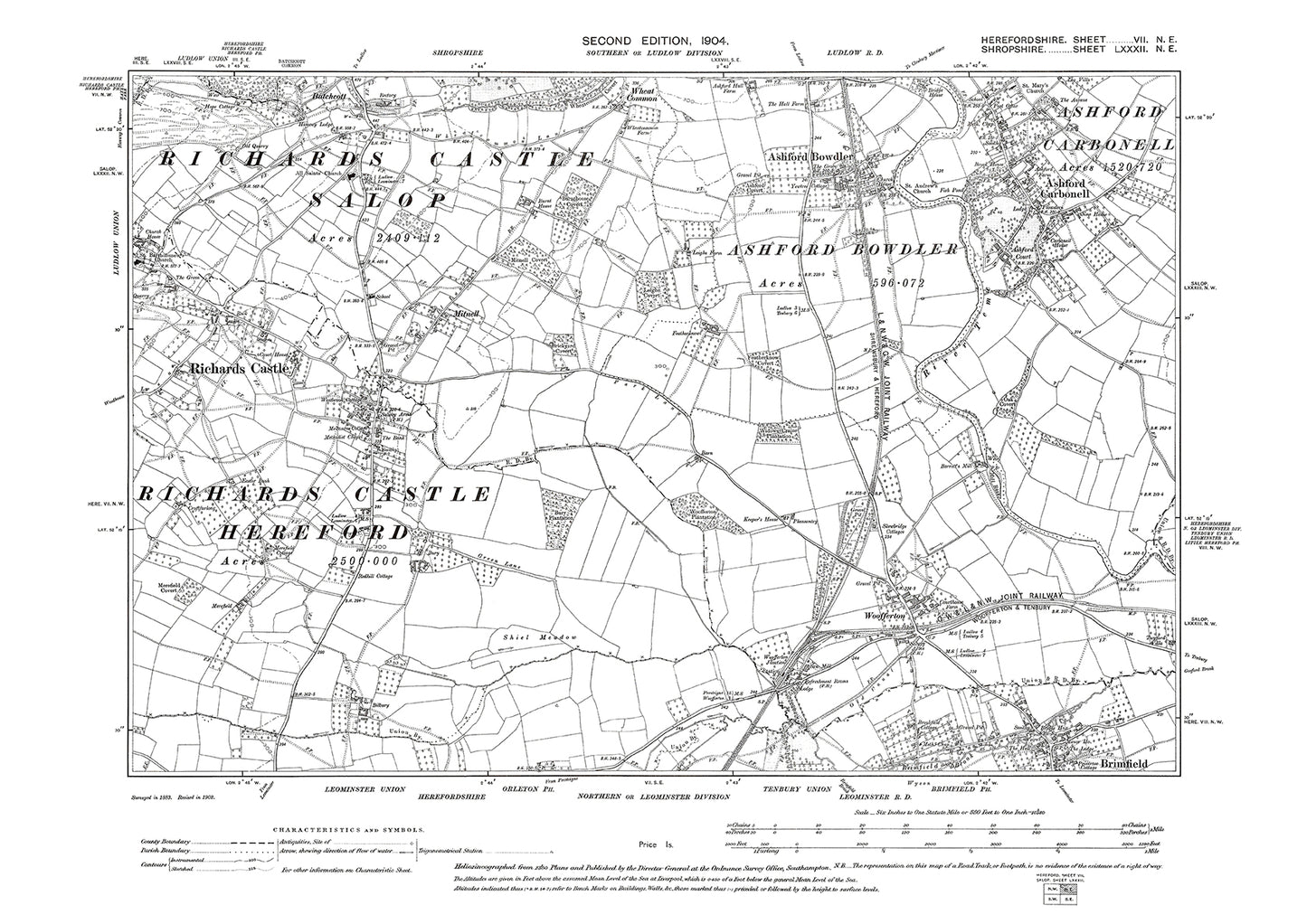 Richards Castle, Ashford Bowdler and Carbonell, Shropshire in 1904: 82NE