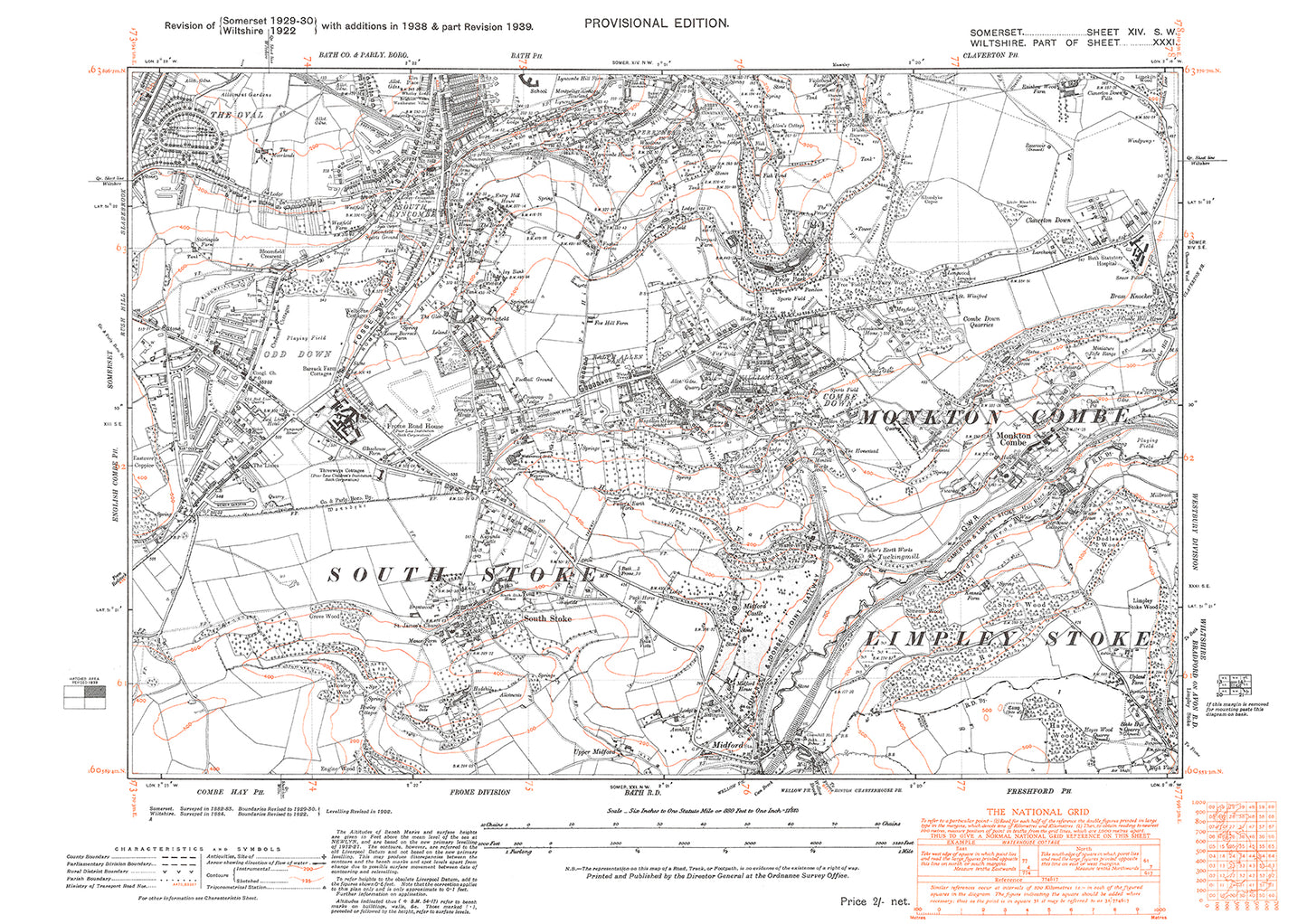 Bath (south), Monkton Coombe, South Stoke, old map Somerset 1939: 14SW