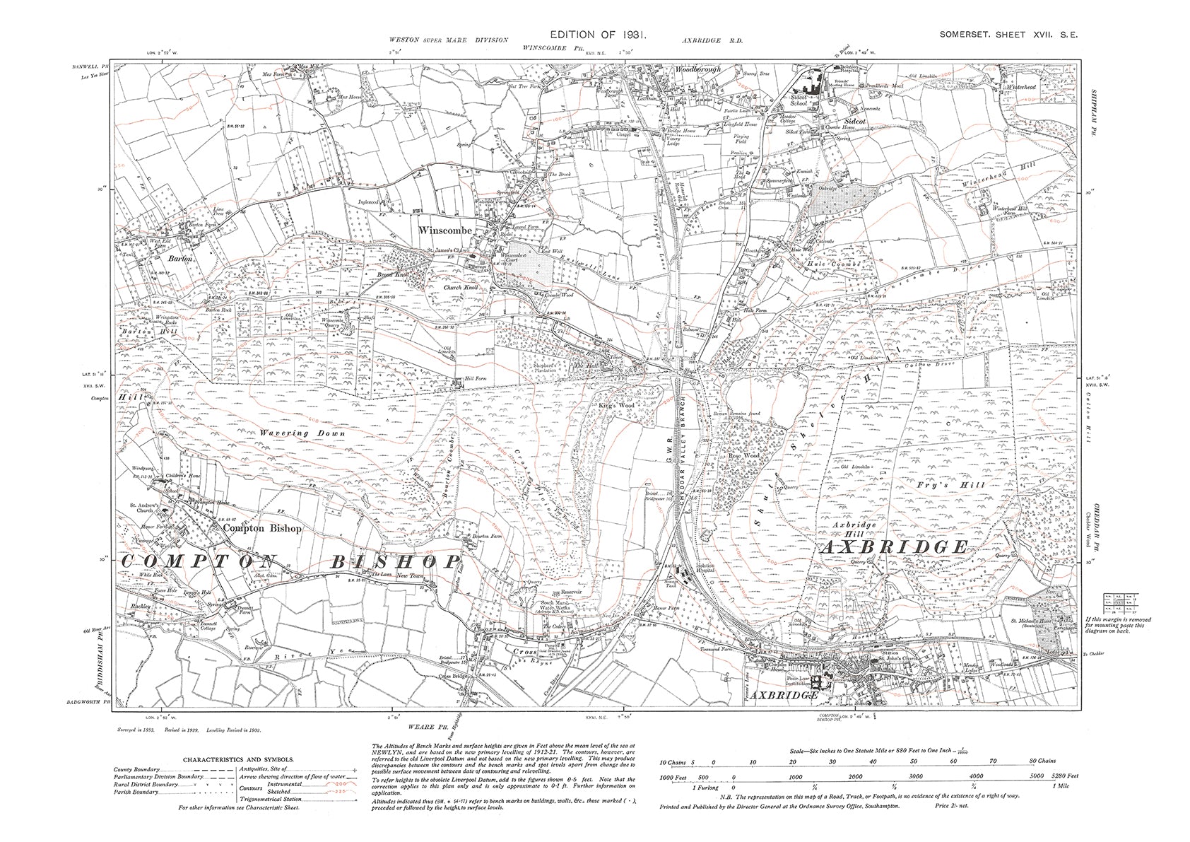 Swyncombe Map Axbridge (north), Compton Bishop, Winscombe, old map Somerset 1931: 17 ...