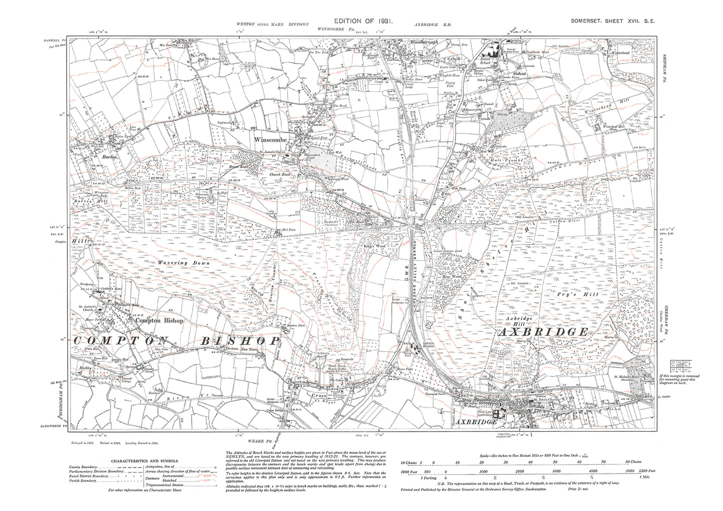 Axbridge (north), Compton Bishop, Winscombe, old map Somerset 1931: 17SE