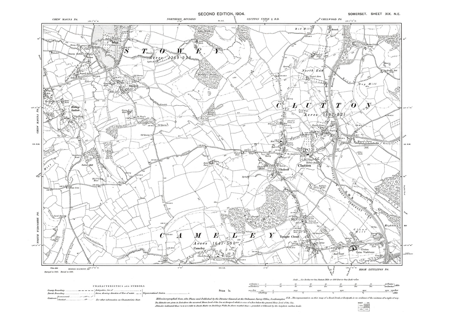 Clutton, Temple Cloud, Cameley, old map Somerset 1904: 19NE