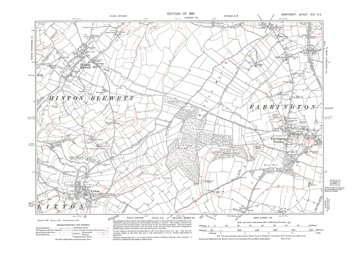 Farrington Gurney, Litton, Hinton Blewett, old map Somerset 1931: 19SE