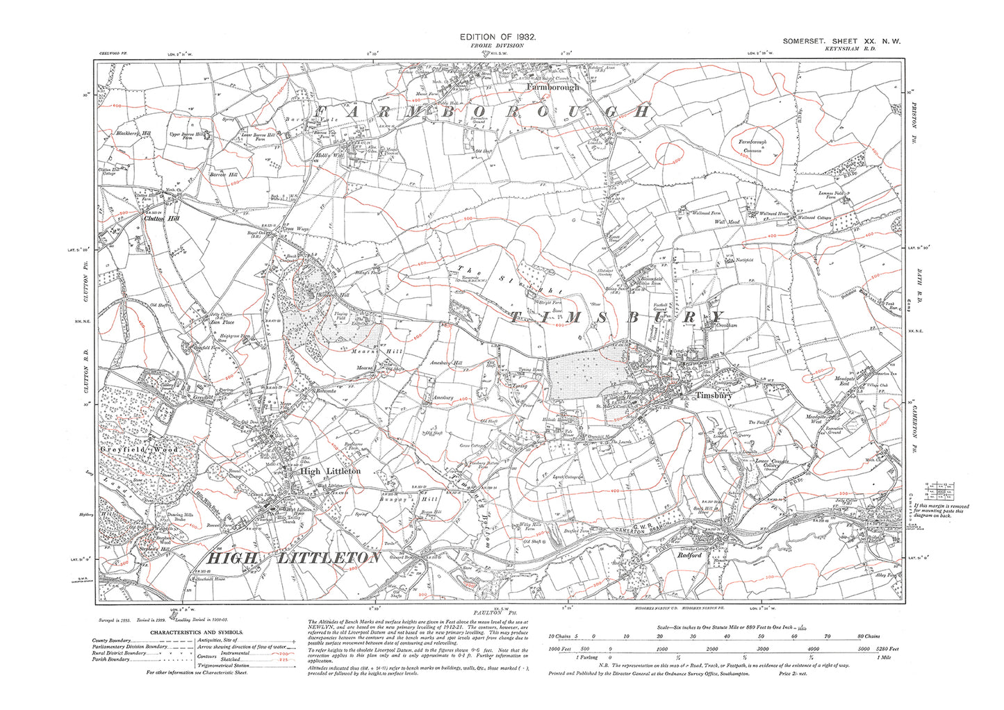 High Littleton, Farmborough, Timsbury, old map Somerset 1932: 20NW