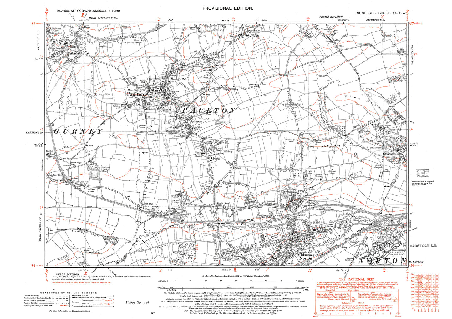 Paulton, Midsomer Norton, Hallatrow, old map Somerset 1938: 20SW