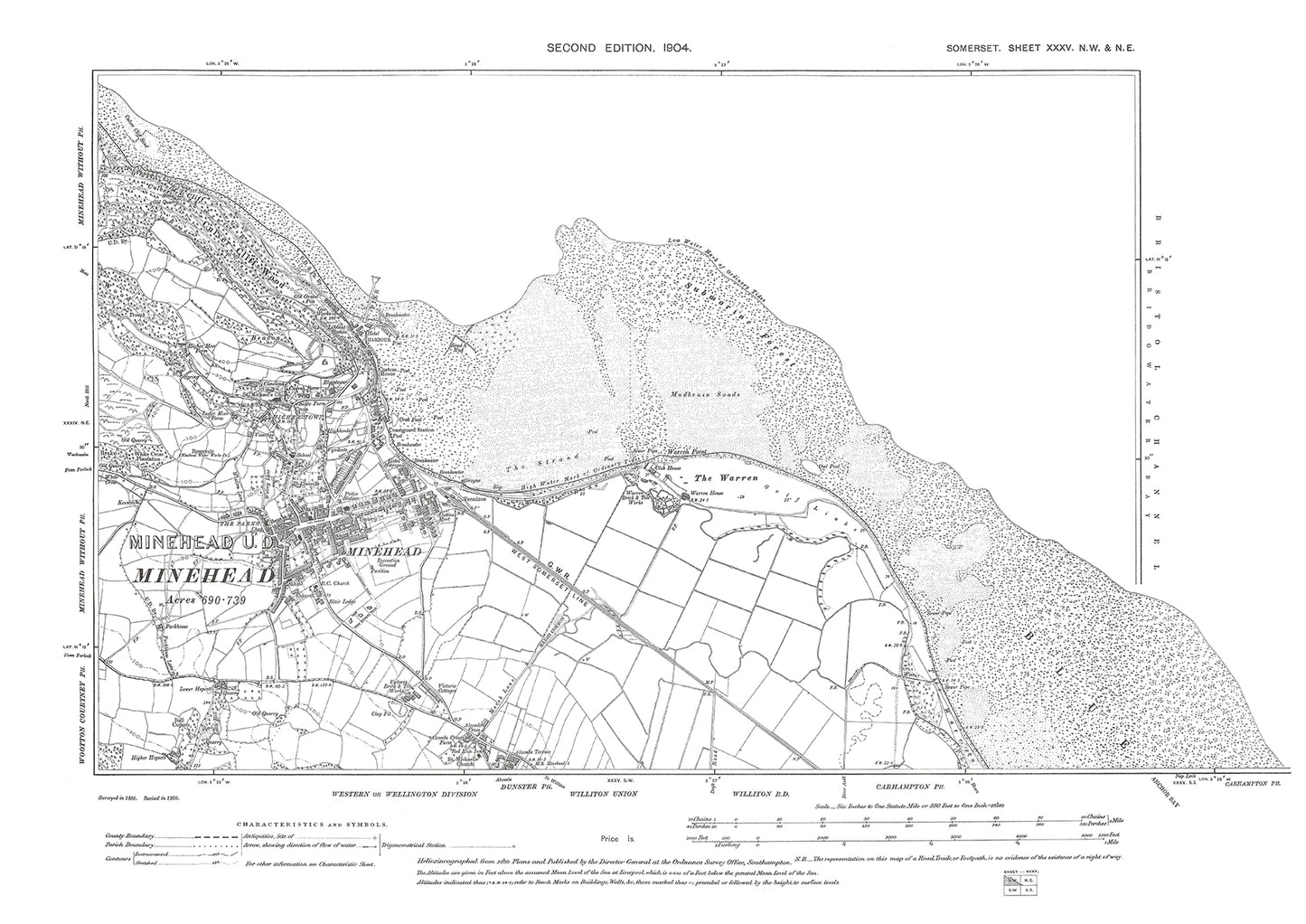 Minehead, Alcombe (north), old map Somerset 1904: 35NW-NE