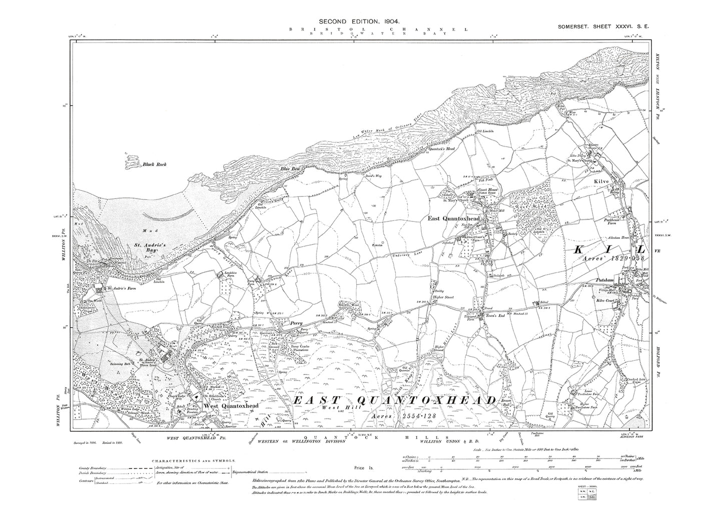 East and West Quantoxhead, Kilve, old map Somerset 1904: 36SE