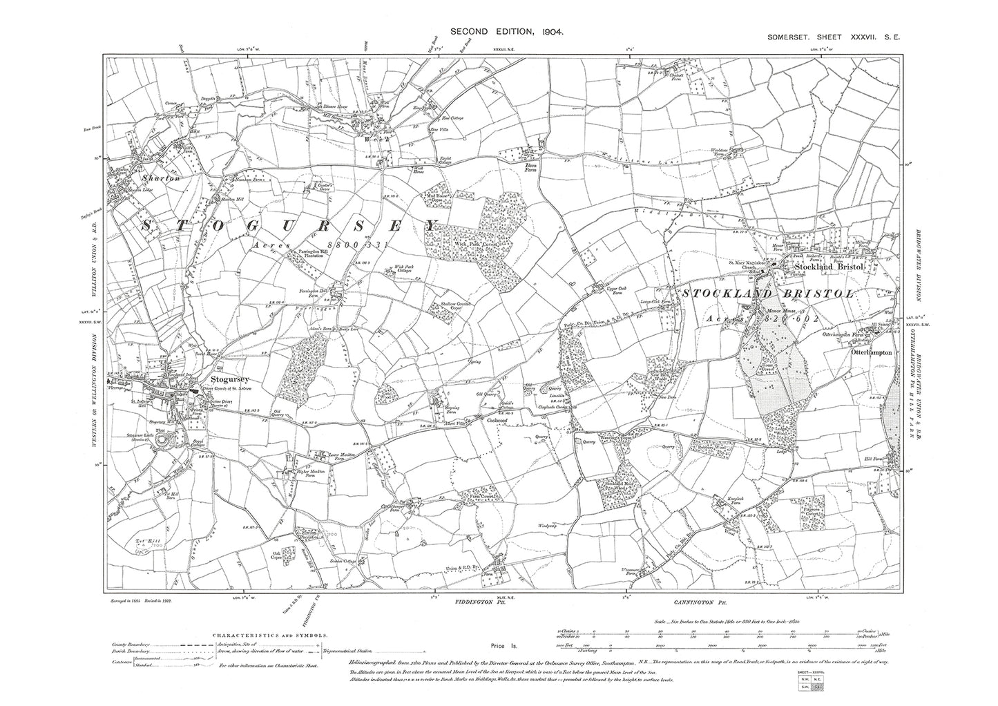 Stogursey, Stockland Bristol, Shurton, Wick, old map Somerset 1904: 37SE