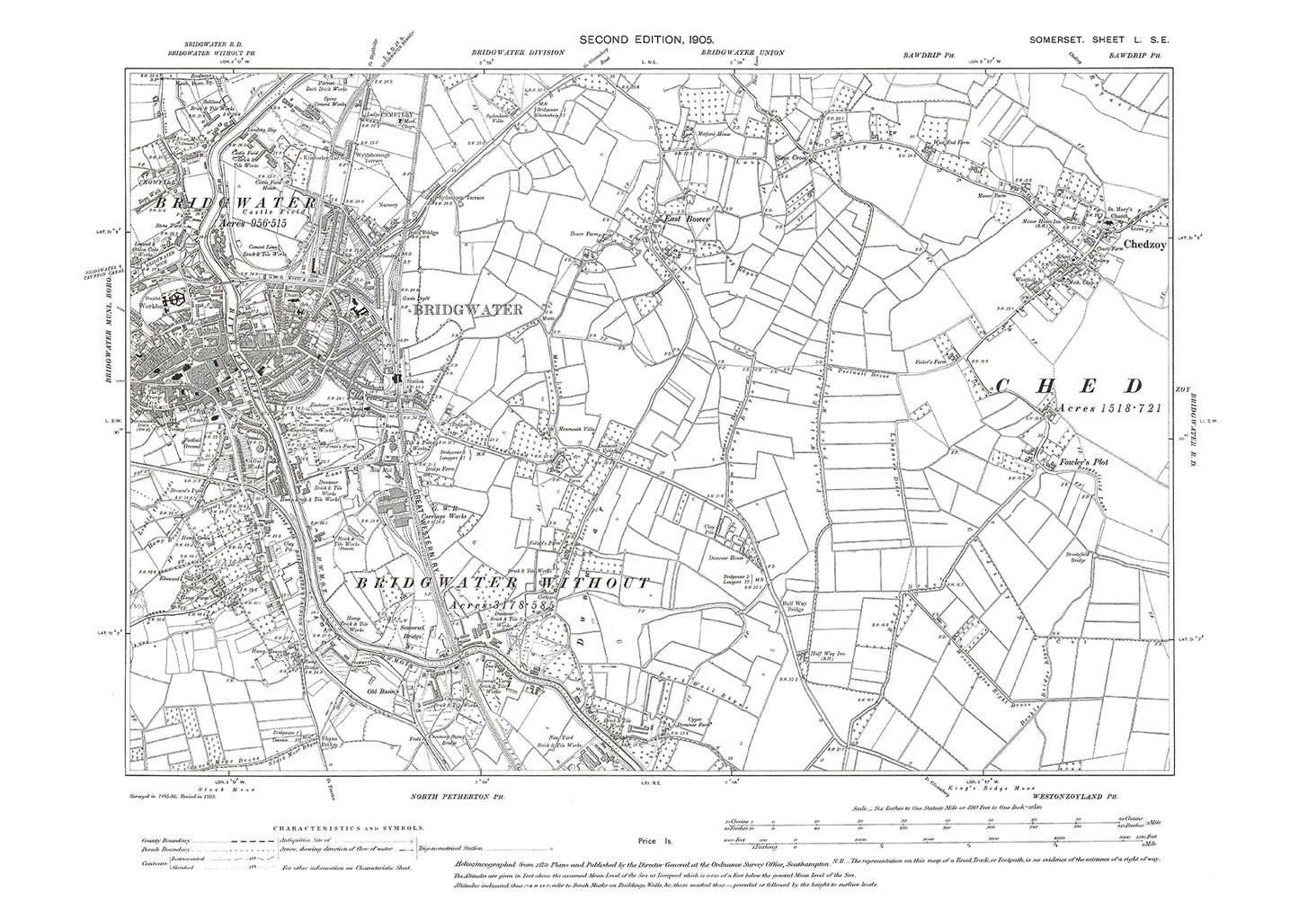 Bridgwater, Chedzoy, old map Somerset 1905: 50SE