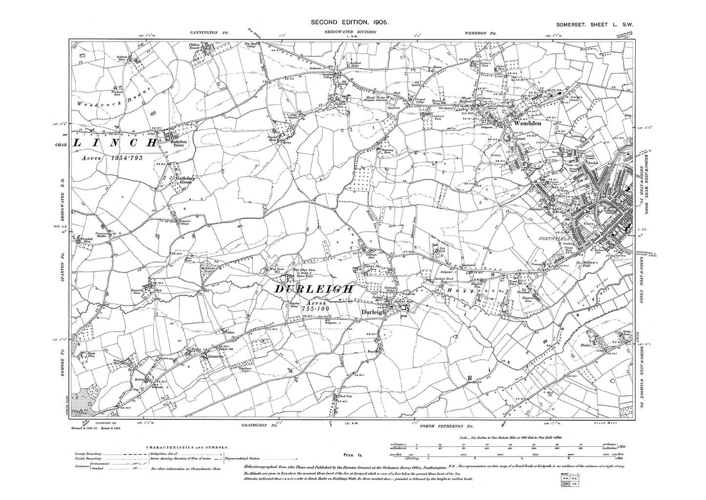 Bridgwater (west), Wembdon, Durleigh, old map Somerset 1905: 50SW