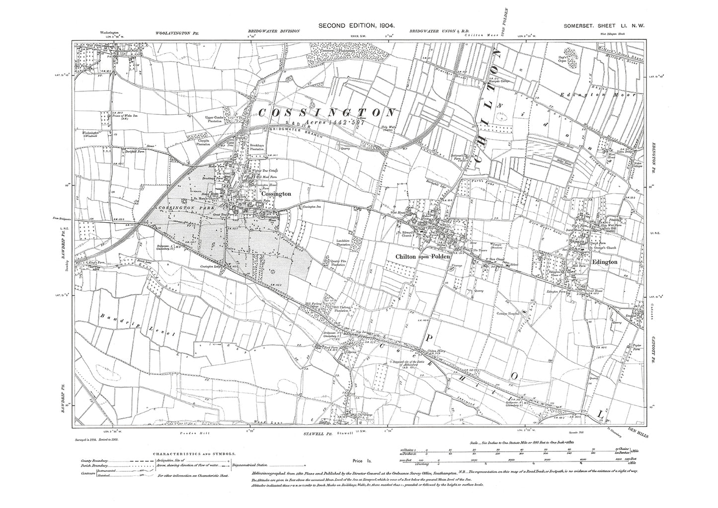 Chilton upon Polden, Cossington, Edington, old map Somerset 1904: 51NW