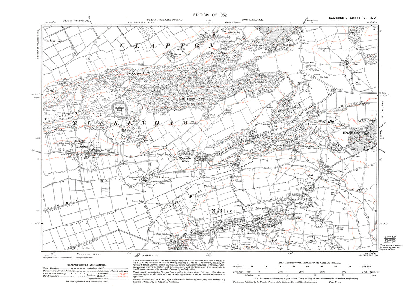 Nailsea (north), Cadbury Camp, old map Somerset 1932: 5NW