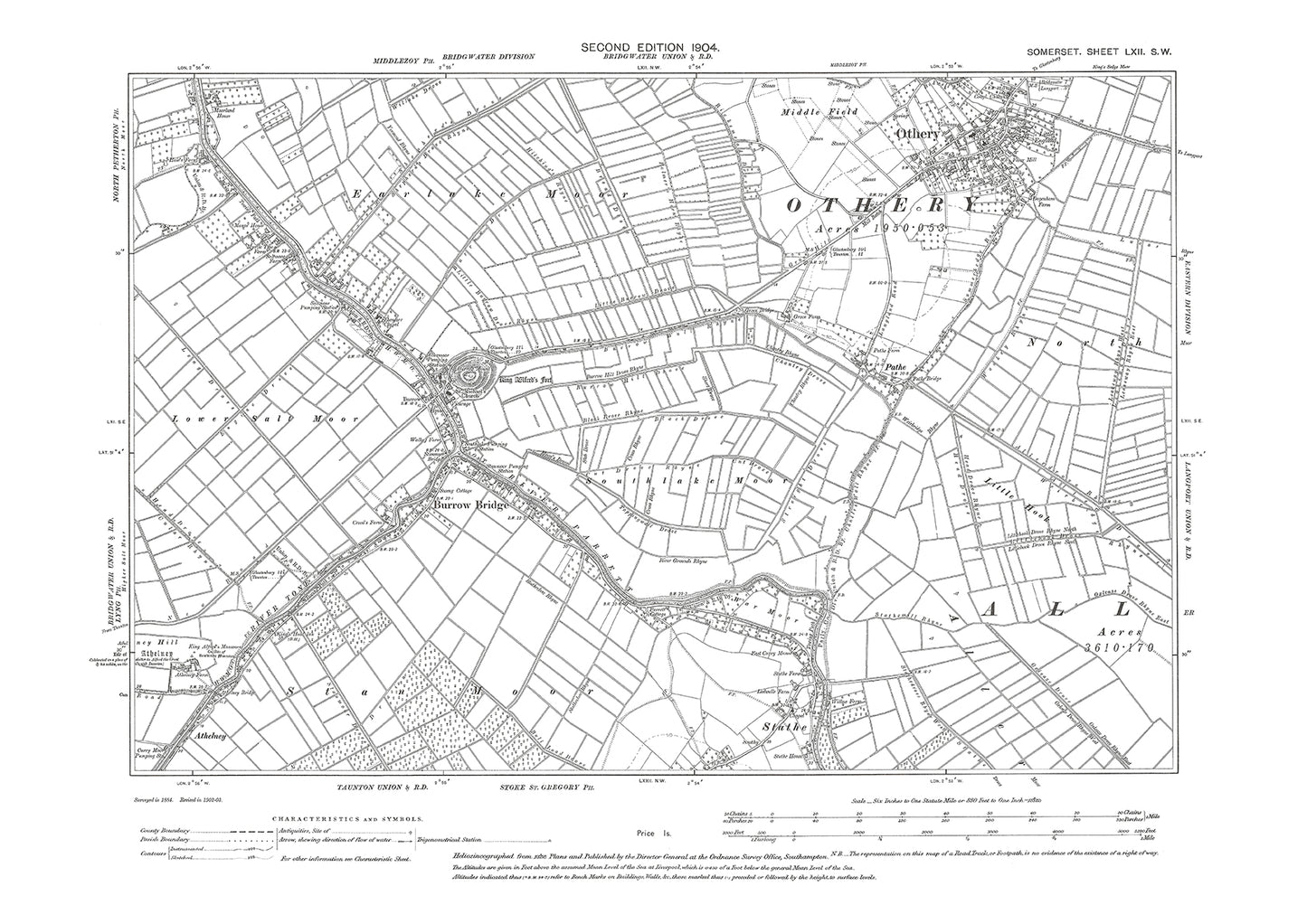 Othery, Burrow Bridge, Stathe, old map Somerset 1904: 62SW