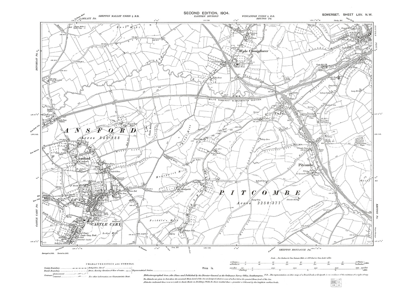 Castle Cary, Pitcombe, Wyke Champflower, old map Somerset 1904: 65NW