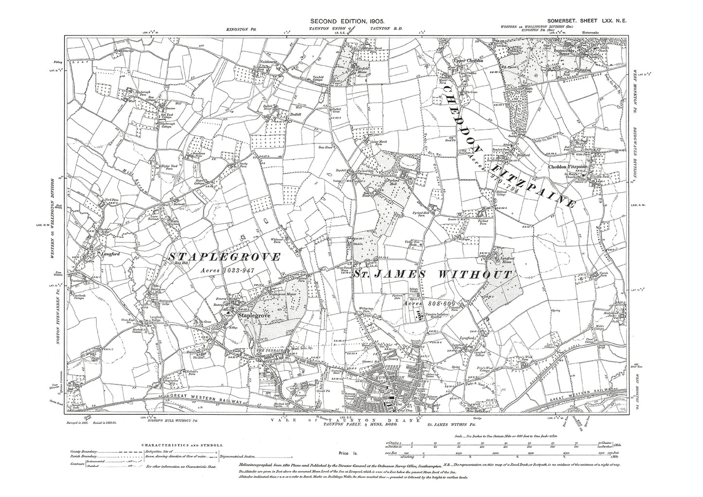 Taunton (north), Staplegrove, Cheddon Fitzpaine, old map Somerset 1905: 70NE