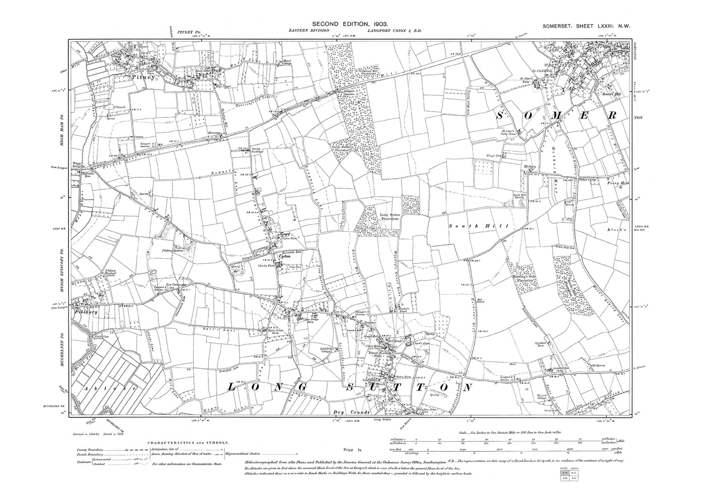 Somerton (southwest), Pitney, Long Sutton (north), old map Somerset 1903: 73NW