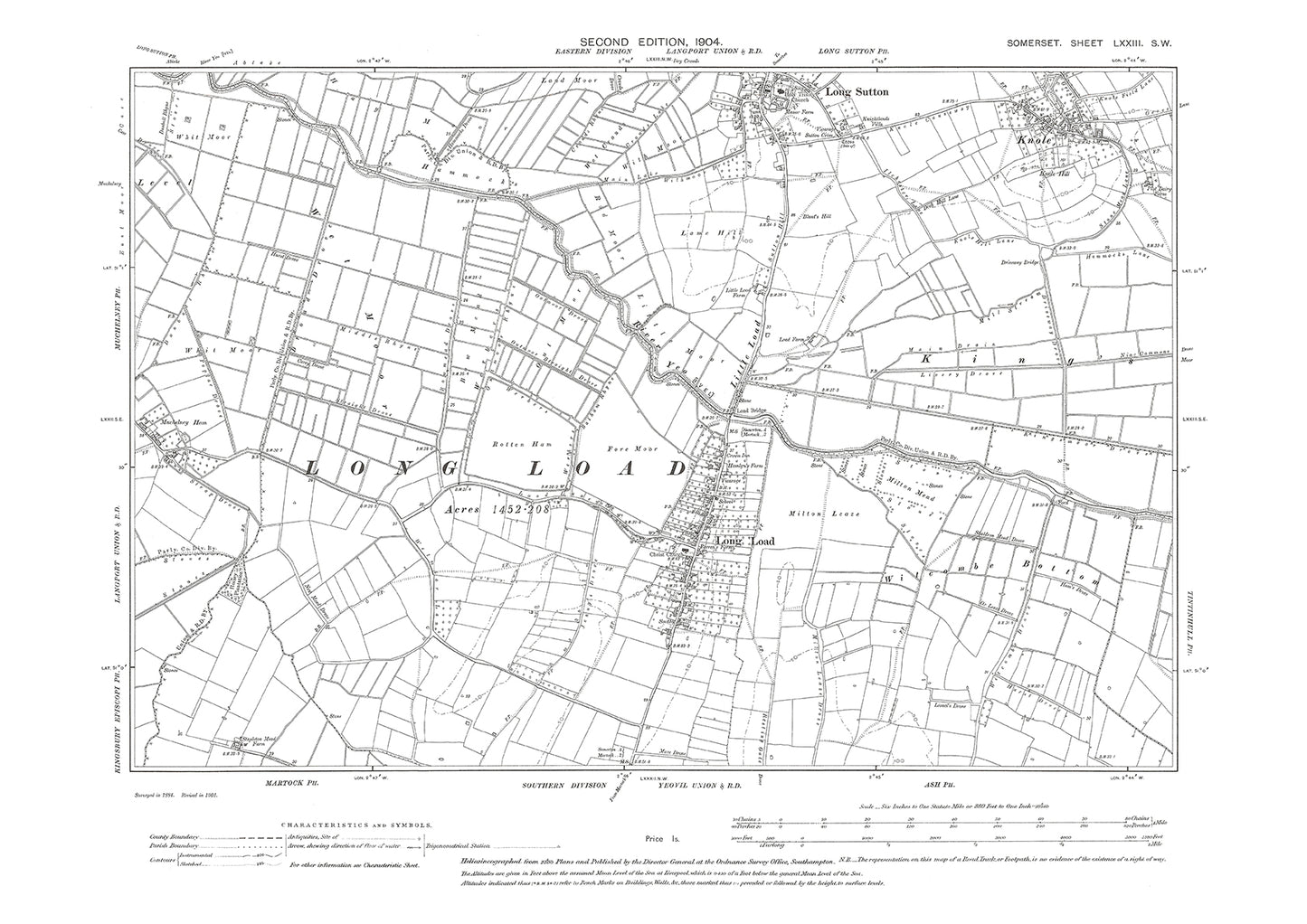 Long Load, Long Sutton, Knole, old map Somerset 1904: 73SW