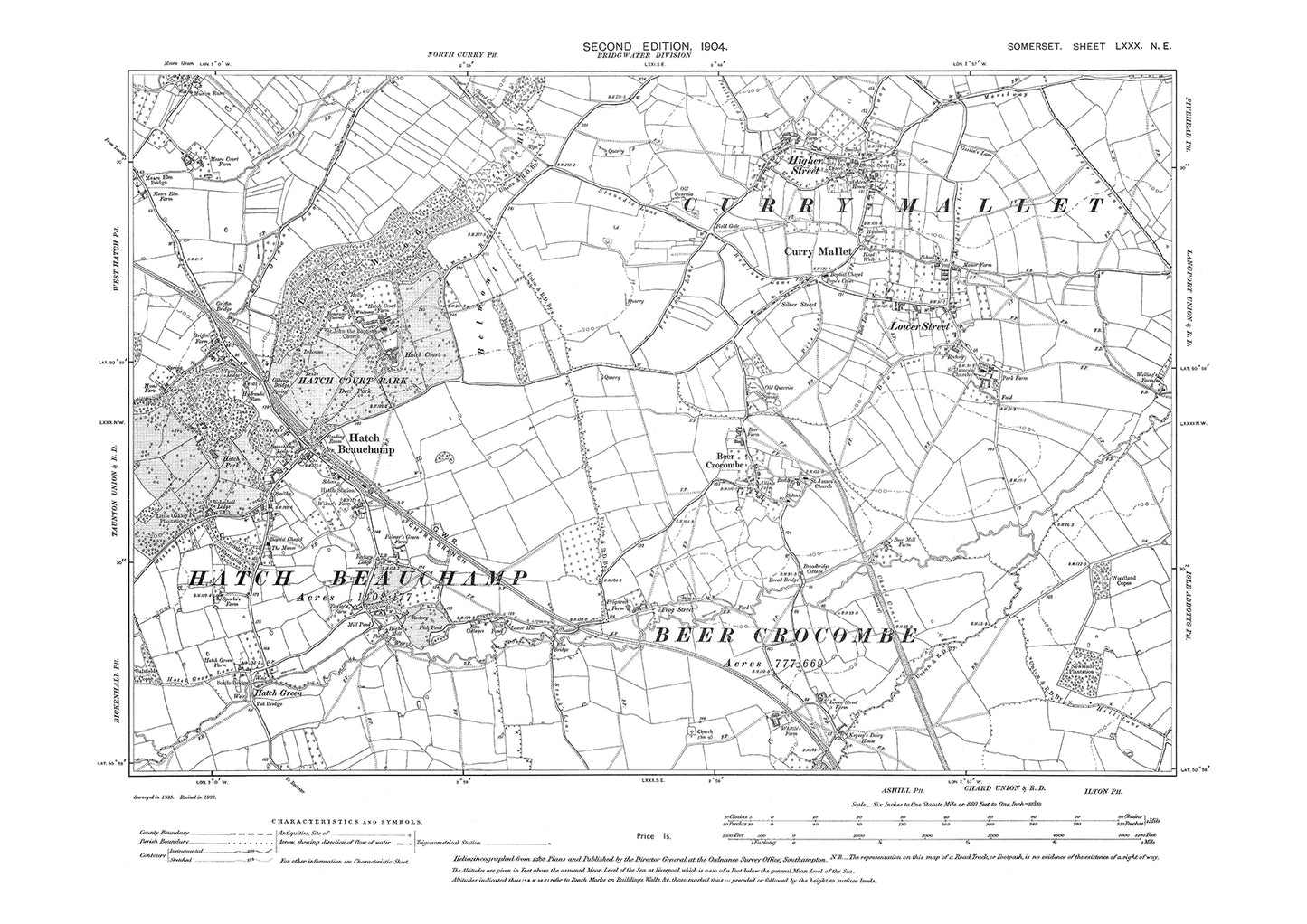 Curry Mallet, Hatch Beauchamp, Beer Crocombe, old map Somerset 1904: 80NE