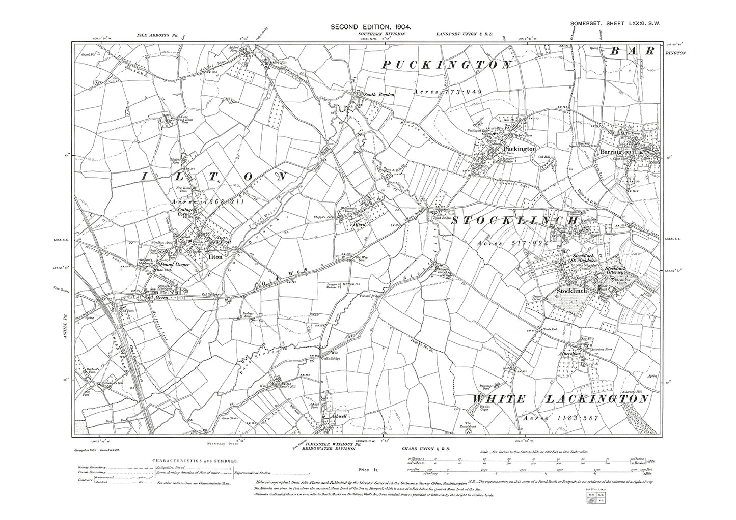 Barrington, Ilton, Puckington, Stocklinch, old map Somerset 1904: 81SW