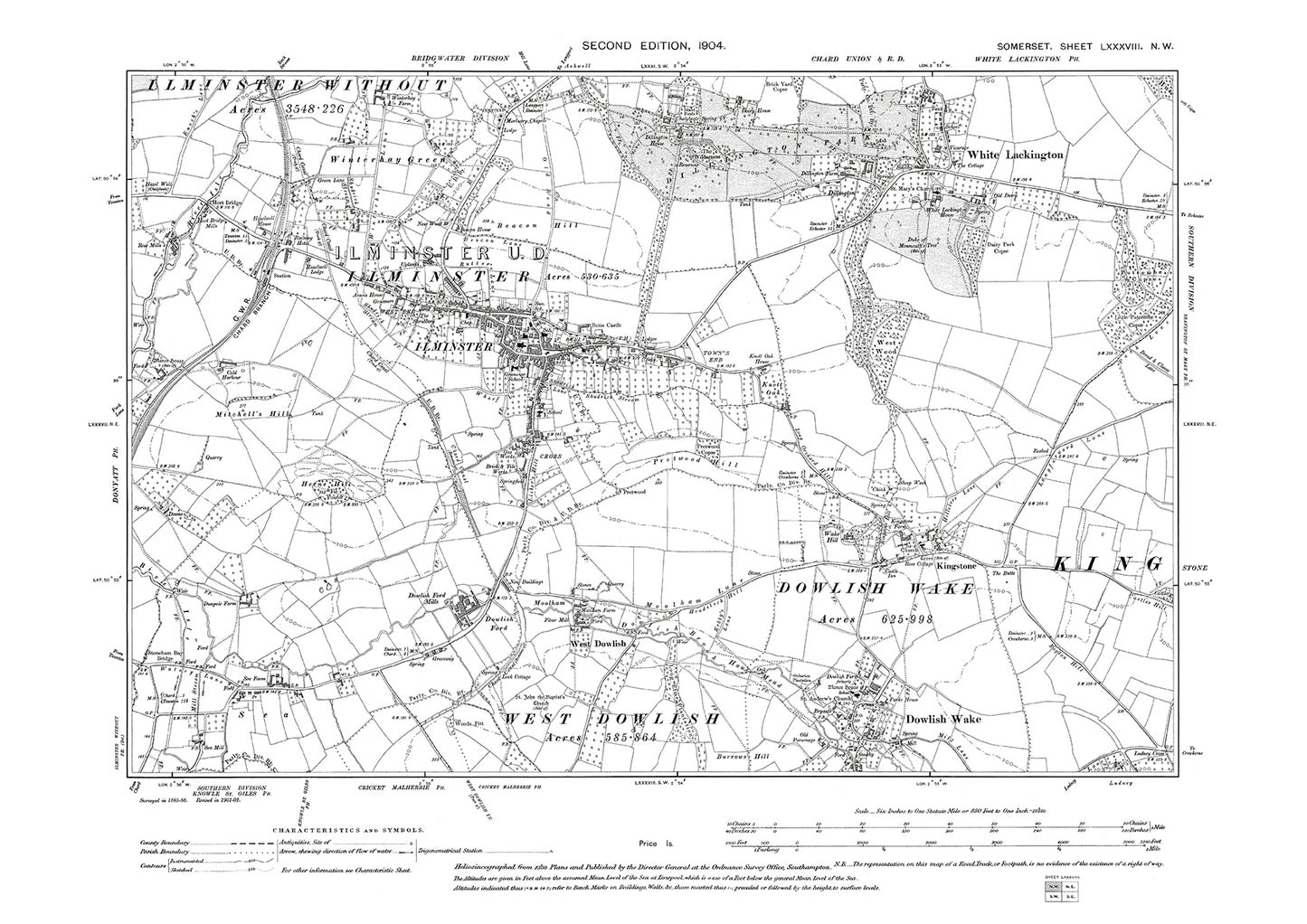 Ilminster, White Lackington, Dowlish Wake, old map Somerset 1904: 88NW