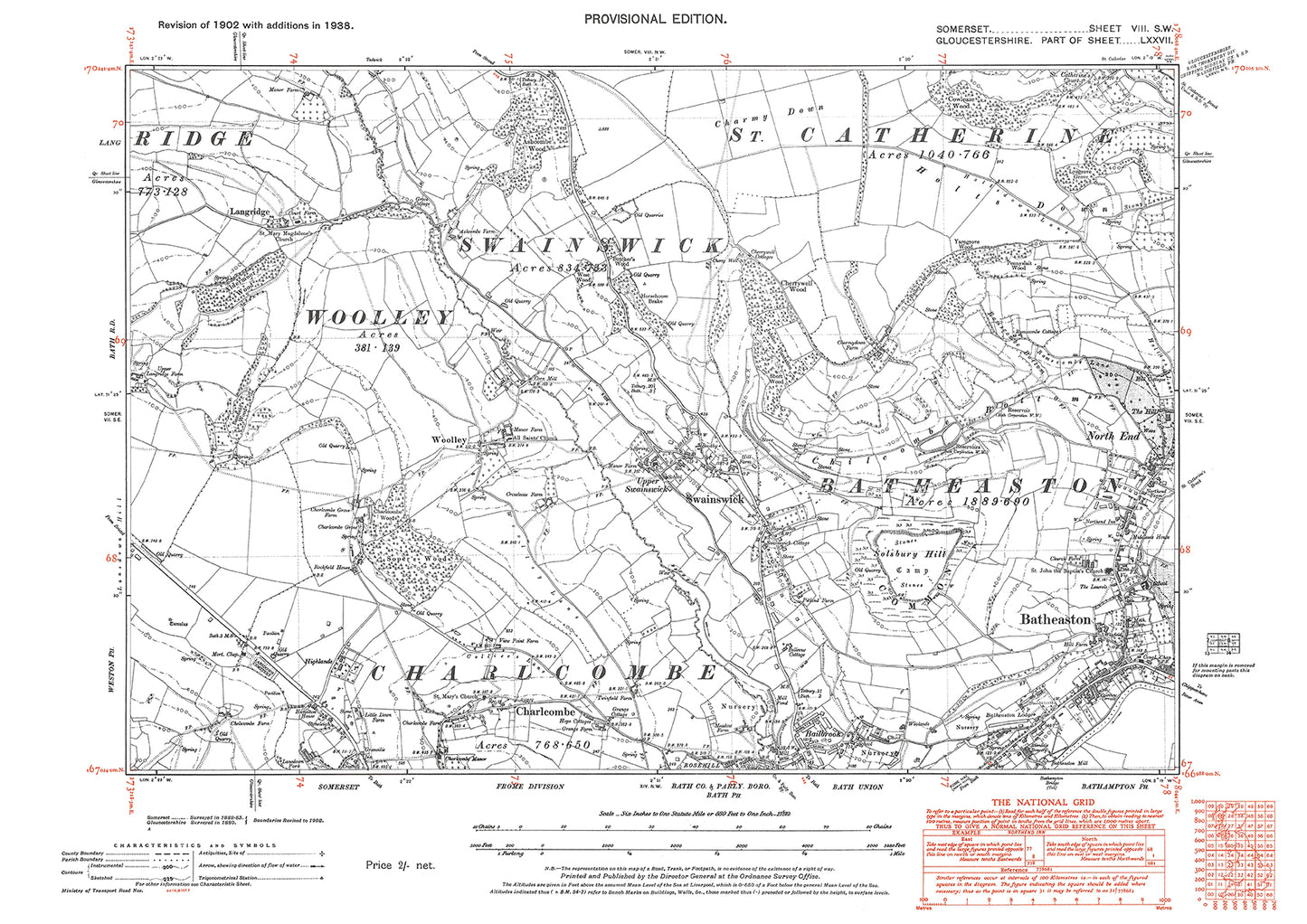 Batheaston, Swainswick, Charlcombe, old map Somerset 1938: 8SW