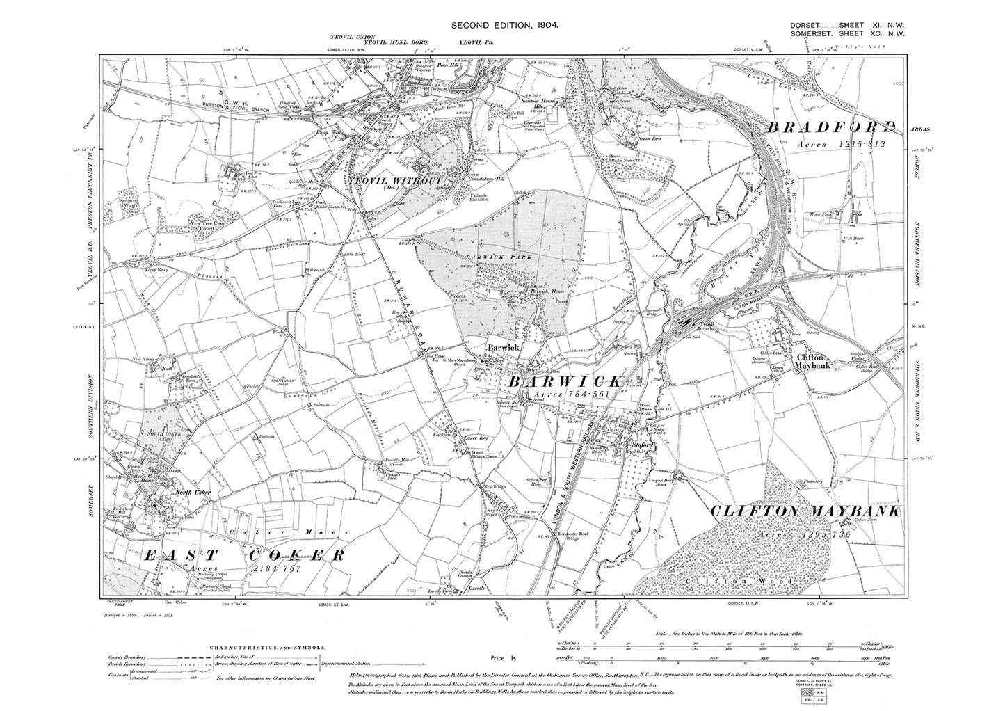 Yeovil (south), Barwick, North Coker, old map Somerset 1904: 90NW